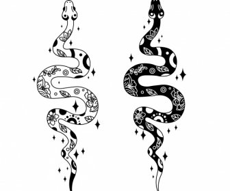 Snake Icons Black White Flat Classical Handdrawn Design