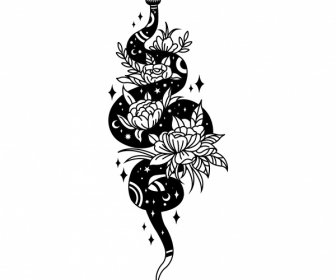 Snake Tattoo Template Black White Design Floral Decor