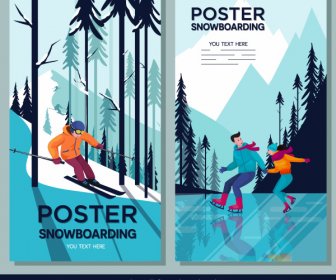 Snowboarding Poster Templates Colored Cartoon Character Sketch