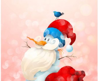 Snowman With Santa Costume Gift Bag On Pink Baubles Background Vector