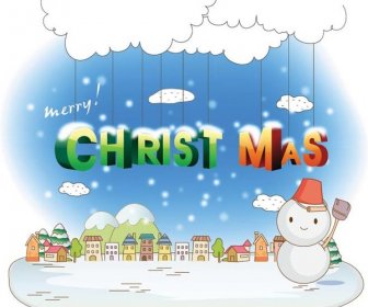 Snowman 3d Merry Christmas Holiday Card Vector