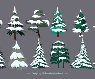 Karlı Köknar Ağaçları Simgeleri Renkli Klasik Eskiz