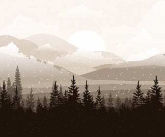 Schneelandschaft, Die Dunkle Zeichnung Bäume Berg Symbole