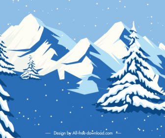 Snowy Cena Montanha Fundo Decoro Azul Branco