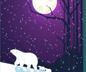 Snowy Winter Background White Bears Bright Moon Decoration