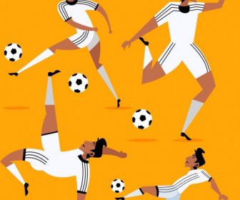 Soccer Player Icons Skillful Gestures Colored Cartoon