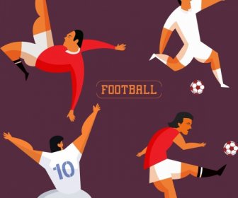 Soccer Player Icons Various Gestures Colored Cartoon