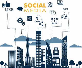 Social Media Design Elements On Cityscape Background