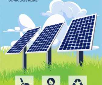 Iklan Energi Surya Sketsa Baterai Lapangan Hijau