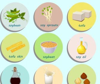 Soja-Lebensmittel-Symbole Verschiedene Kreise Isolierung