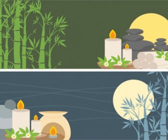 Spa-Werbe-Banner Setzt Bambus Kerzen Mond Dekoration