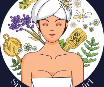 Spa Banner Relaxed Lady Herb Icons Circle Isolation