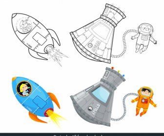 Space Astronaut Icons Black White Colored Handdrawn Cartoon