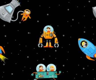 Space Background Astronaut Spaceship Icons Cartoon Sketch