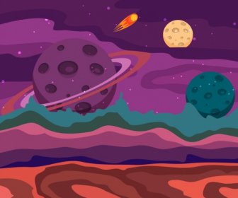 ícones De Planeta Do Espaço Fundo Escuro Decoração Colorida