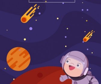 Space Background Planets Astronaut Icons Cartoon Design