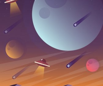 Space Background Planets Ufo Icons Cartoon Design