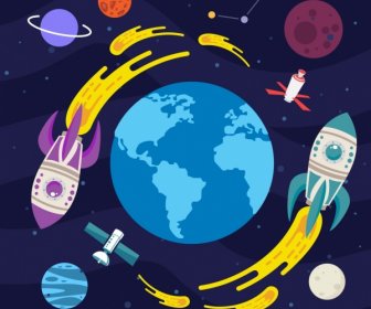 Space Background Rockets Planets Icons Decor
