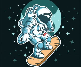 우주 배경 스케이트 보드 우주 비행사 아이콘 만화 스케치