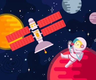 Space Background Spaceman Planets Satellite Icons Cartoon Design