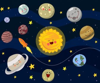 Space Background Stylized Planets Icons Fun Emoticon