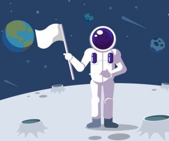 Space Exploration Hintergrund Astronaut Mond Flaggen-icons