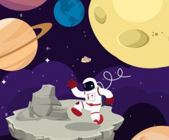 Space Exploration Background Astronaut Planets Icons Cartoon Design