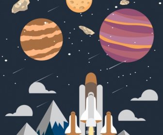 Space Exploration Background Launching Ship Planets Icons