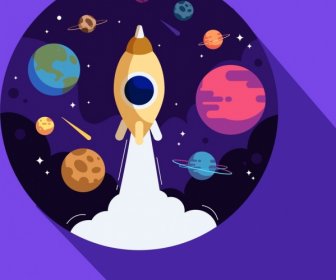 ícones De Planetas Do Espaço Exploração Fundo Foguete Círculo Layout