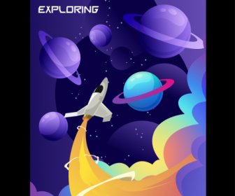 Poster Eksplorasi Ruang Angkasa Sketsa Planet Pesawat Ruang Angkasa Dinamis