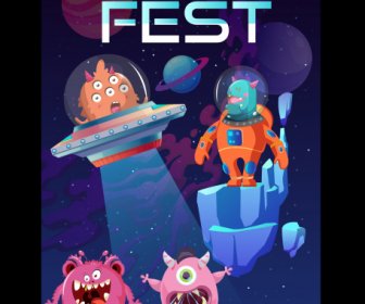 우주 축제 포스터 외계인 괴물 우주선 스케치