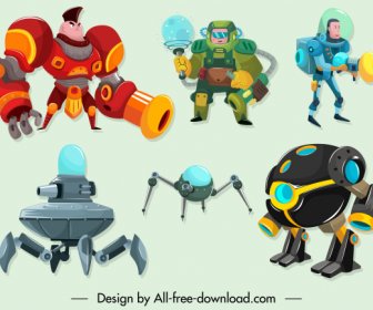 Space Robot Icons Modern Design Cartoon Characters