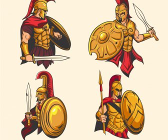 Spartan Savaşçı Simgeleri Zarif Tasarım Karikatür Karakter Kroki