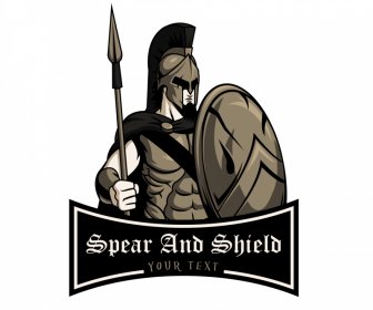 槍と盾のロゴ中世の戦士のスケッチ漫画デザイン