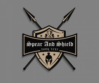 Template logo tombak dan perisai desain simetris gelap retro