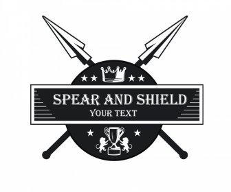 Logotipo de lanza y escudo elegante vintage simétrico negro blanco diseño