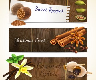 Spices With Wooden Textures Banners Vector