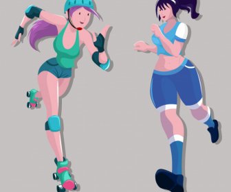 Iconos De Chica Del Deporte Jogger Skater Sketch Dibujos Animados Personajes