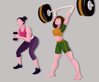 Sport Girl Icons Weight Lifting Sketch Cartoon Characters