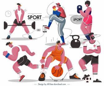 спортивные спортсмены иконки мультипликационных персонажей эскиз