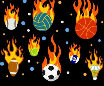 Sports Background Various Balls Icons Flaming Decoration