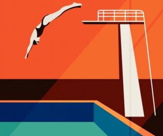 Sports Banner Springboard Pool Jumping Woman Icons