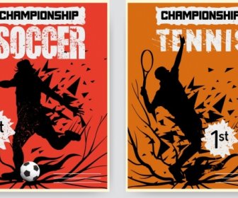 Sports Banners Soccer Tennis Theme Silhouette Explosive Design