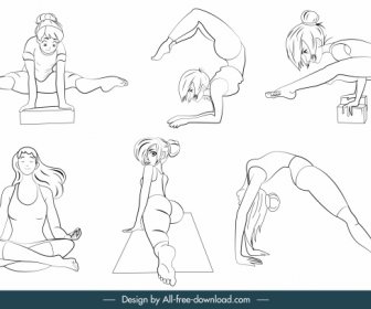 Esportes Meninas ícones Gestos Movimento Desenhado à Mão Esboço De Desenho Animado