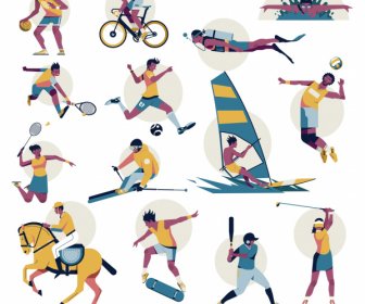 Esportes ícones Cartoon Personagens Esboço Colorido Design Dinâmico