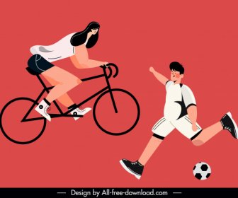 กีฬาไอคอนขี่จักรยานฟุตบอลร่างการ์ตูนตัวอักษร