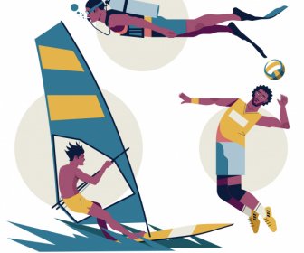Sports Icons Diving Volleyball Sailing Sketch Cartoon Characters
