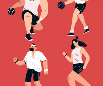 Ikon Olahraga Gerakan Pria Wanita Sketsa Karakter Kartun