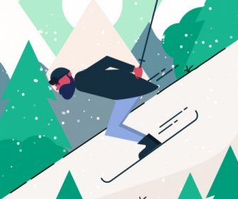 Pintura Homem Esqui Neve Montanha ícones De Esportes