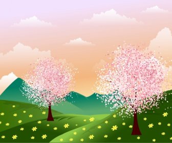 春天的背景，山上鲜花盛开的卡通图案